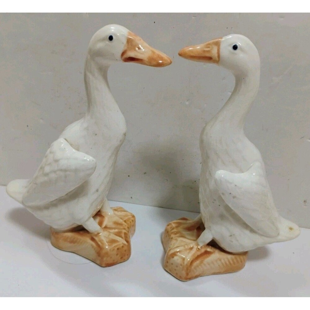 Vintage White Porcelain Goose Figurines Pair Geese 6" Runner Duck Style